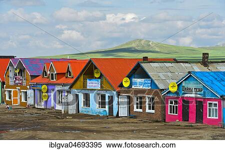 Stock Photography - Teahouses and fast food restaurants, service area on the road A0301 near Erdenesant, Mongolia, Asia. Fotosearch