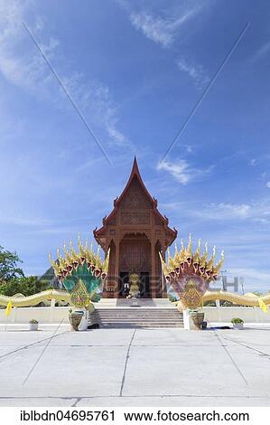 Stock Image - Teak wood temple Wat Ao Noi, Prachuap Khiri Khan, Thailand, Asia. Fotosearch