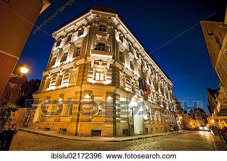 Stock Photograph - Telegraaf Hotel, dusk, old town, UNESCO World Heritage Site, Tallinn, Estonia, Baltic States, Northern Europe, Europe. Fotosearch