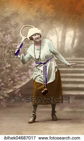 Stock Photo - Tennis player, woman with tennis racket, 1920s, Germany, Europe. Fotosearch