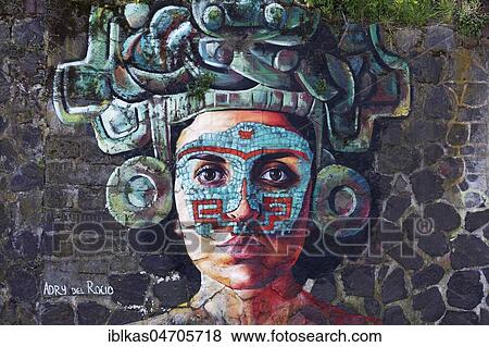 Stock Photo - Teotihuacana, woman with Aztec headdress, mural by Adry del Rocio, Streetart, Rhine Side Gallery Uerdingen, Krefeld, NRW, Germany, Europe. Fotosearch