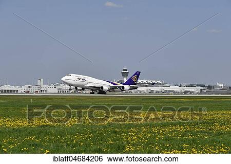 Thai Airways, Boeing, B747, during takeoff, Runway South, Munich Airport, Upper Bavaria, Bavaria, Germany, Europe View Large Photo Image Stock Photograph - Thai Airways, Boeing, B747, during takeoff, Runway South, Munich Airport, Upper Bavaria, Bavaria, Germany, Europe. Fotosearch