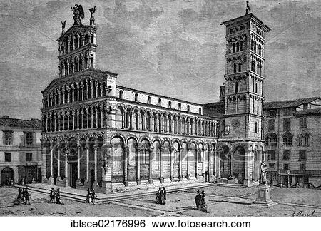 Stock Photograph - The church of San Michele in Lucca, Tuscany, Italy, historic engraving of 1883, Europe. Fotosearch