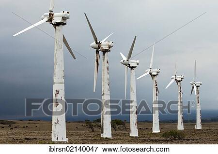 Stock Photo - The dilapidated Kamaoa wind power plant, taken from the grid a few years ago, on South Point of Big Island, Hawai'i, USA, North America. Fotosearch