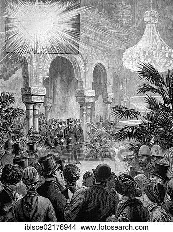 The great chandelier of the Alhambra and the electric sun with the power of 150, 000 candles, international Electrical Exhibition in London, 1883, England, United Kingdom, historical engraving of 1883, Europe View Large Photo Image Picture - The great chandelier of the Alhambra and the electric sun with the power of 150, 000 candles, international Electrical Exhibition in London, 1883, England, United Kingdom, historical engraving of 1883, Europe. Fotosearch