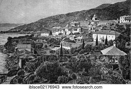 The monasteries on Mount Athos, Greece, historical engraving of 1883, Europe View Large Photo Image Stock Image - The monasteries on Mount Athos, Greece, historical engraving of 1883, Europe. Fotosearch