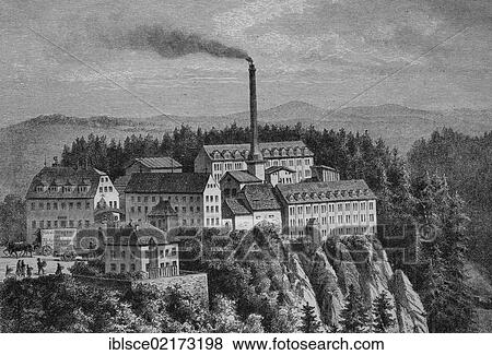 Stock Photo - The Rabenauer furniture factory, historical engraving, circa 1885. Fotosearch