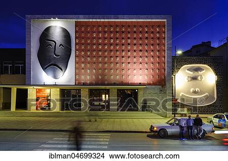 Picture - Theatre, Night Scene, Korca, Korça, Albania, Europe. Fotosearch