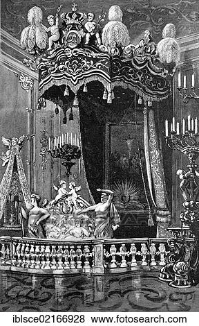 This magnificent bed of King Ludwig II of Bavaria in Schloss Herrenwoerth Castle, today the Neue Schloss Herrenchiemsee Castle, Lake Chiemsee, Bavaria, Germany, historical wood engraving, 1886, Europe View Large Photo Image Stock Photo - This magnificent bed of King Ludwig II of Bavaria in Schloss Herrenwoerth Castle, today the Neue Schloss Herrenchiemsee Castle, Lake Chiemsee, Bavaria, Germany, historical wood engraving, 1886, Europe. Fotosearch