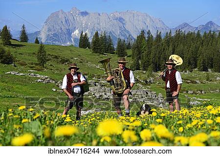 Picture - Three folk musicians with instruments, Bergfexn trio in traditional costume on the Eggenalm, behind Wilder Kaiser, Reit im Winkl, Bavaria, Germany, Europe. Fotosearch