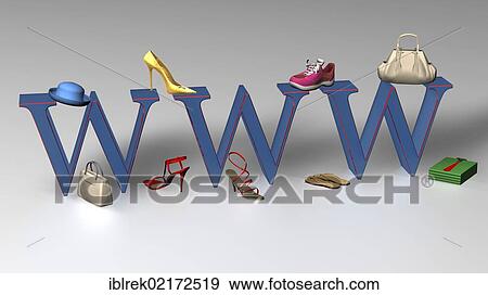 Stock Photo - Three letters, www and various items of clothing, illustration, symbolic image for internet shopping. Fotosearch