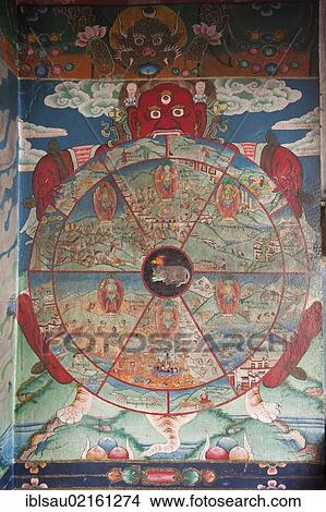Picture - Tibetan Buddhims, Bon Sect, God Yama holding the Wheel of Life, Yung Drung Kundrak Lingbon Monastery near Ravangla, Sikkim, Himalayas, India, South Asia, Asia. Fotosearch