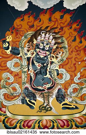 Tibetan Buddhism, blue demon in flames, Vighnanthaka, Vighnari, keeper of the mandalas, Tashichho Dzong, seat of the government, capital of Thimphu, the Himalayas, Kingdom of Bhutan, South Asia, Asia View Large Photo Image Stock Photography - Tibetan Buddhism, blue demon in flames, Vighnanthaka, Vighnari, keeper of the mandalas, Tashichho Dzong, seat of the government, capital of Thimphu, the Himalayas, Kingdom of Bhutan, South Asia, Asia. Fotosearch