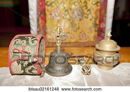 Tibetan Buddhism, Karma-Kagyu Lineage, religious items, bell and thunderbolt, devotional items, Lingdum Gompa Monastery near Gangtok, Sikkim, Himalayas, India, South Asia, Asia View Large Photo Image Stock Photo - Tibetan Buddhism, Karma-Kagyu Lineage, religious items, bell and thunderbolt, devotional items, Lingdum Gompa Monastery near Gangtok, Sikkim, Himalayas, India, South Asia, Asia. Fotosearch