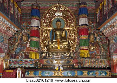 Tibetan Buddhism, Karma-Kagyu Lineage, altar with a Buddha figure, Lingdum Gompa Monastery near Gangtok, Sikkim, Himalayas, India, South Asia, Asia View Large Photo Image Stock Photograph - Tibetan Buddhism, Karma-Kagyu Lineage, altar with a Buddha figure, Lingdum Gompa Monastery near Gangtok, Sikkim, Himalayas, India, South Asia, Asia. Fotosearch