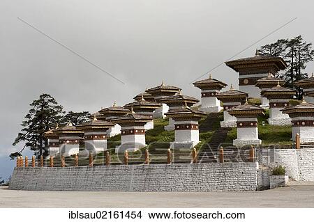 Picture - Tibetan Buddhism, many chorten, Dochu-La-Pass, the Himalayas, Kingdom of Bhutan, South Asia, Asia. Fotosearch