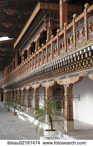 Tibetan Buddhism, ornate wooden gallery, fortress-monastery, Dzong, Punakha, the Himalayas, Kingdom of Bhutan, South Asia, Asia View Large Photo Image Picture - Tibetan Buddhism, ornate wooden gallery, fortress-monastery, Dzong, Punakha, the Himalayas, Kingdom of Bhutan, South Asia, Asia. Fotosearch