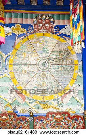 Stock Photo - Tibetan Buddhism, wall painting, God Yama holding the Wheel of Life, fortress-monastery, Dzong, Wangdue Phodrang near Punakha, the Himalayas, Kingdom of Bhutan, South Asia, Asia. Fotosearch