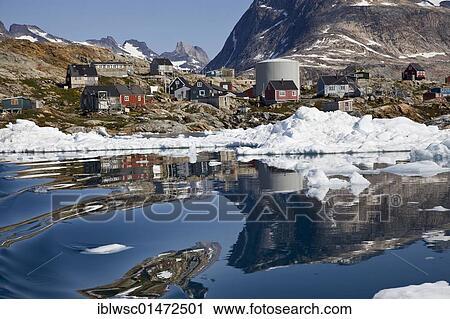 Stock Image - Tiniteqilaq, a hunters settlement in Sermilik Fjord, Ammassalik District, East Greenland, Greenland, Denmark, Europe, North America. Fotosearch