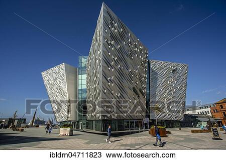Stock Image - Titanic Museum, Architect Eric Kuhne, Titanic Quarter, Belfast, Antrim, Northern Ireland, United Kingdom, Europe. Fotosearch
