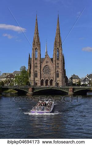 Tourist boat on river Ill with St. Paul's Church, Strasbourg, Alsace, France, Europe View Large Photo Image Stock Image - Tourist boat on river Ill with St. Paul's Church, Strasbourg, Alsace, France, Europe. Fotosearch