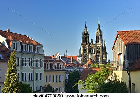 Stock Image - Towers of Meissen Cathedral above the houses of the Old Town, Meissen, Saxony, Germany, Europe. Fotosearch
