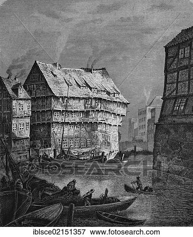 Town canal, waterway, in Hamburg, Germany, historical engraving, 1869, Europe View Large Photo Image Stock Photo - Town canal, waterway, in Hamburg, Germany, historical engraving, 1869, Europe. Fotosearch