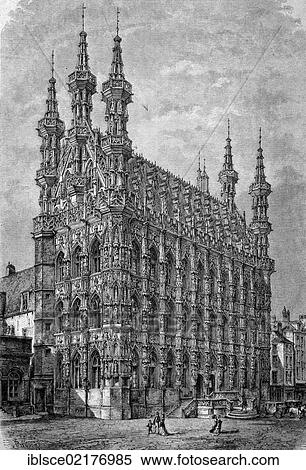 Stock Photography - Town Hall of Leuven, Belgium, historic engraving of 1883, Europe. Fotosearch