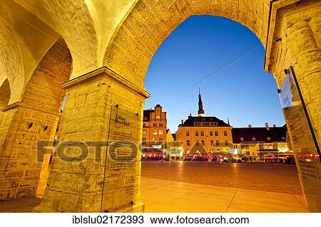 Stock Image - Town hall square, dusk, old town, UNESCO World Heritage Site, Tallinn, Estonia, Baltic States, Northern Europe, Europe. Fotosearch