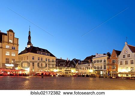 Stock Image - Town hall square, old town, dusk, UNESCO World Heritage Site, Tallinn, Estonia, Baltic States, Northern Europe, Europe. Fotosearch
