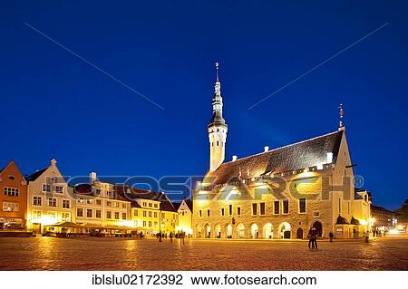 Stock Image - Town hall, town hall square, dusk, old town, UNESCO World Heritage Site, Tallinn, Estonia, Baltic States, Northern Europe, Europe. Fotosearch