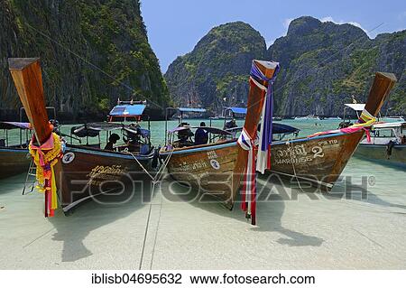 Traditional longtail boats, Maja Beach, Phi Phi Island, Thailand, Asia View Large Photo Image Stock Image - Traditional longtail boats, Maja Beach, Phi Phi Island, Thailand, Asia. Fotosearch