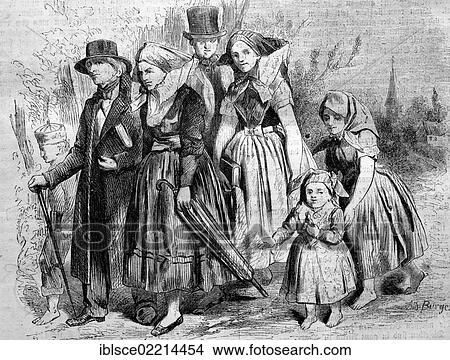 Traditional Spreewald costumes, Germany, historical wood engraving, circa 1888, Europe View Large Photo Image Picture - Traditional Spreewald costumes, Germany, historical wood engraving, circa 1888, Europe. Fotosearch