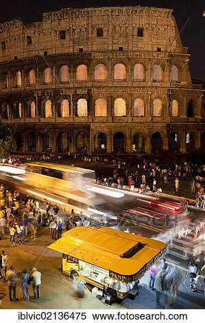 Stock Photography - Traffic in front of the Colosseum at night, Rome, Italy, Europe. Fotosearch