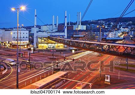 Picture - Traffic junction Alter Markt at dusk, Barmen, Wuppertal, Bergisches Land, North Rhine-Westphalia, Germany, Europe. Fotosearch