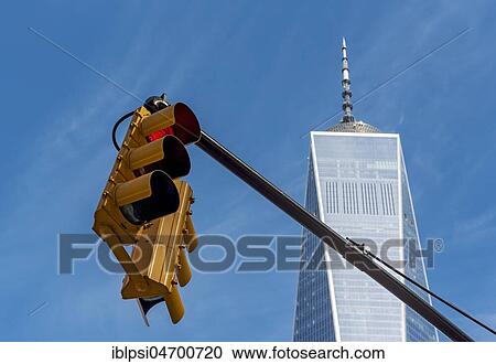 Stock Image - Traffic light and One World Trade Center, New York City, USA, North America. Fotosearch