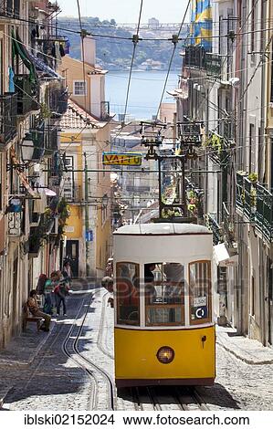 Picture - Tram of the Elevador da Bica funicular railway, overlooking the Rio Tejo River, in the district of Bairro Alto, Lisbon, Portugal, Europe. Fotosearch
