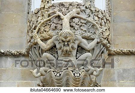 Stock Image - Triton porticus, Palácio Nacional da Pena City Palace, Sintra, Portugal, Europe. Fotosearch