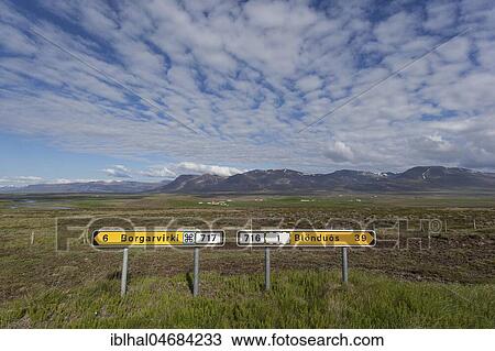Two signposts along the road near Borggarvirki, wide landscape with cloud formation, Vatnsnes Peninsula, North Iceland, Iceland, Europe View Large Photo Image Stock Image - Two signposts along the road near Borggarvirki, wide landscape with cloud formation, Vatnsnes Peninsula, North Iceland, Iceland, Europe. Fotosearch