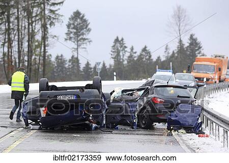 Two totally destroyed cars after a fatal accident on a federal highway, Bundesstrasse 327, during icy road conditions, Buchholz, Rhineland-Palatinate, Germany, Europe View Large Photo Image Stock Photo - Two totally destroyed cars after a fatal accident on a federal highway, Bundesstrasse 327, during icy road conditions, Buchholz, Rhineland-Palatinate, Germany, Europe. Fotosearch