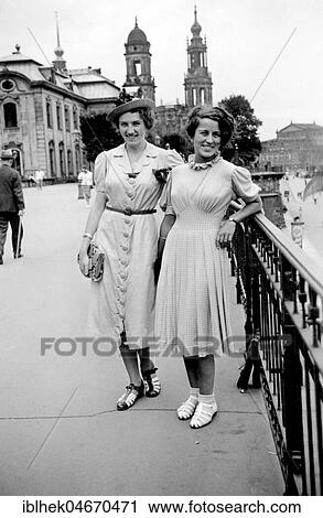 Stock Image - Two women in summer dresses in Dresden, 1930s, Dresden, Germany, Europe. Fotosearch