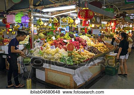 Stock Photo - Typical stalls with a huge selection of fresh fruit and vegetables at Banzaan Fresh Market, Patong Beach, Phuket, Thailand, Asia. Fotosearch