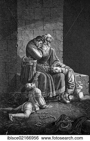 Stock Photograph - Ugolino della Gherardesca, 1220 - 1289, Count of Donoratico, a Tuscan nobleman of Sardinian origin, in the prison tower of Pisa, Italy, historical wood engraving, 1886., Europe. Fotosearch