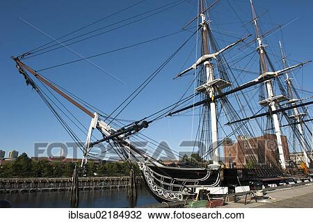 Stock Image - USS Constitution, museum ship, bow, masts, rigging, frigate, U. S. Navy, Charlestown Navy Yard, Freedom Trail, Boston, Massachusetts, New England, USA, North America, America, North America. Fotosearch