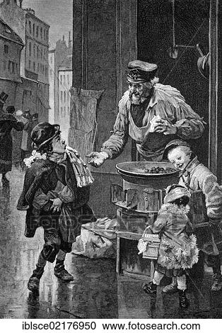 Stock Image - Vendor selling roasted chestnuts in the streets of Paris, France, historical engraving of 1883, Europe. Fotosearch