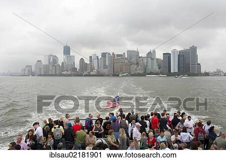 View from a boat with many people over the Hudson River towards the skyline and skyscrapers, Financial District, Lower Manhattan, New York City, USA, North America View Large Photo Image Stock Image - View from a boat with many people over the Hudson River towards the skyline and skyscrapers, Financial District, Lower Manhattan, New York City, USA, North America. Fotosearch