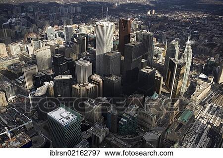Stock Photo - View from CN Tower over the city centre with the financial centre, Toronto, Canada, North America. Fotosearch