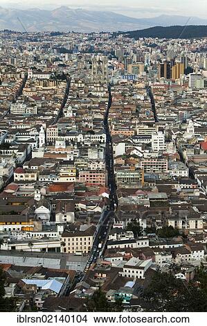 Picture - View from El Panecillo over Quito with the historic town centre in the foreground, Quito, Ecuador, South America. Fotosearch