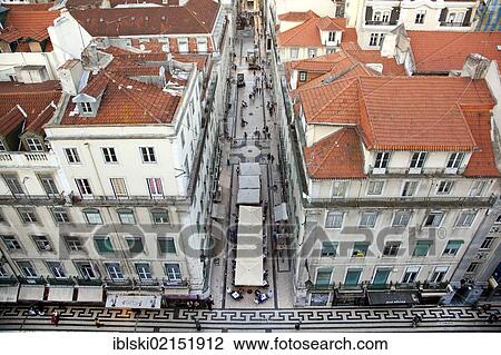 View from Elevador de Santa Justa, Santa Justa Elevator, over the historic lane of Rua de Santa Justa in the historic district of Baixa in Lisbon, Portugal, Europe View Large Photo Image Stock Image - View from Elevador de Santa Justa, Santa Justa Elevator, over the historic lane of Rua de Santa Justa in the historic district of Baixa in Lisbon, Portugal, Europe. Fotosearch