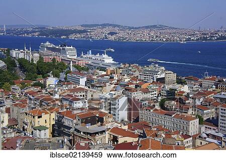 Stock Photo - View from Galata Tower over the city and Bosphorus, Istanbul, Turkey, Asia. Fotosearch
